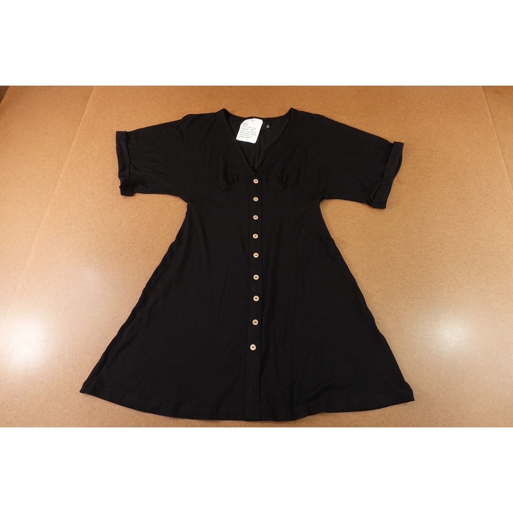 ASOS Womens 6 Black Short Sleeve V Neck Retro Button Accent A Line Dress NWT